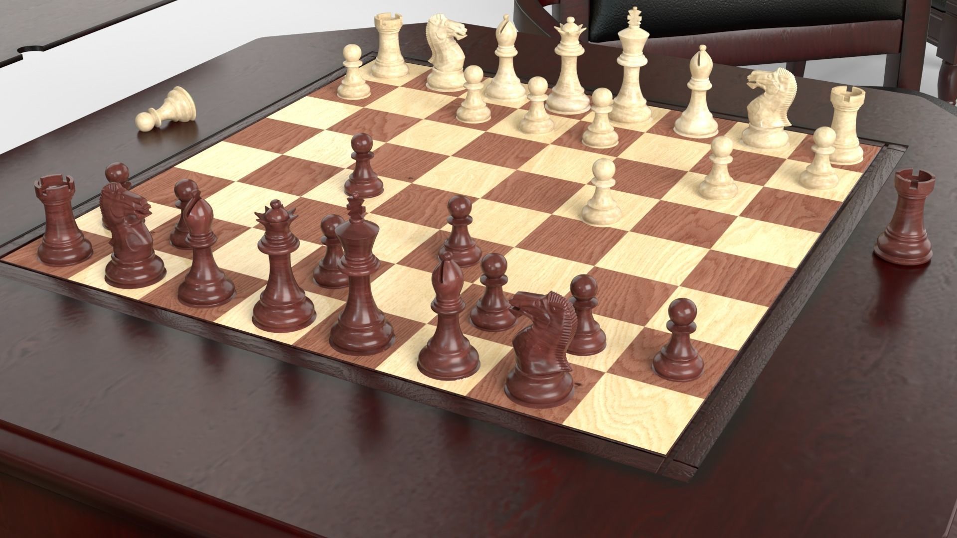 Dark Chess and Pedestal Game Table and Chairs 3D model_3