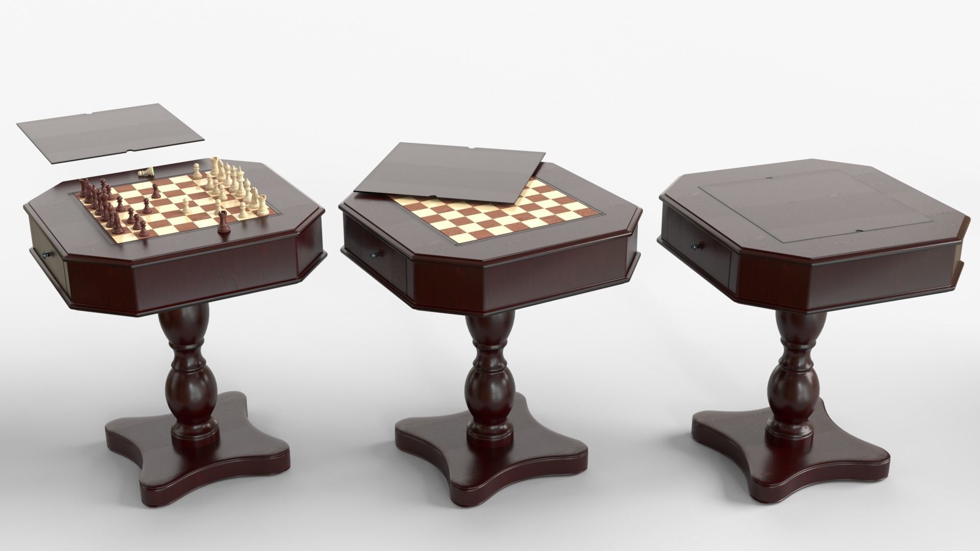 Dark Chess and Pedestal Game Table and Chairs 3D model_5