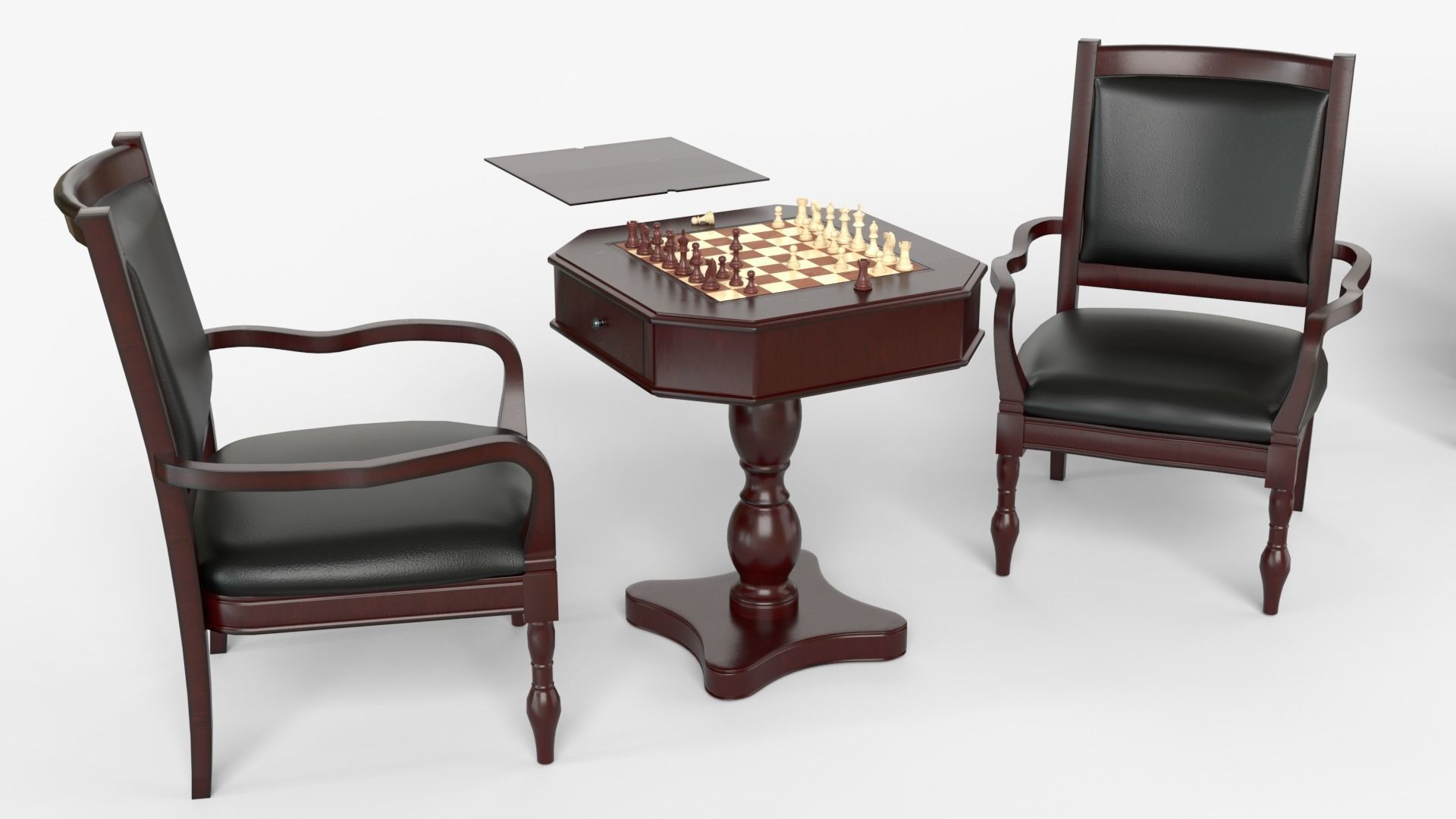Dark Chess and Pedestal Game Table and Chairs 3D model_2