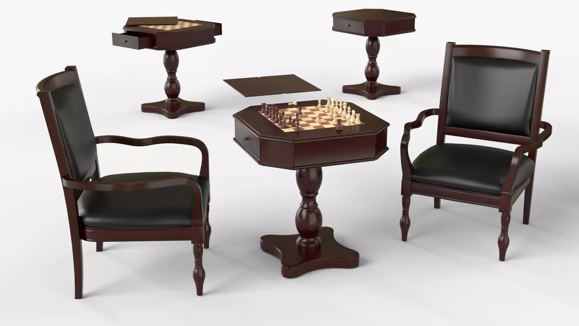 Dark Chess and Pedestal Game Table and Chairs 3D model_0