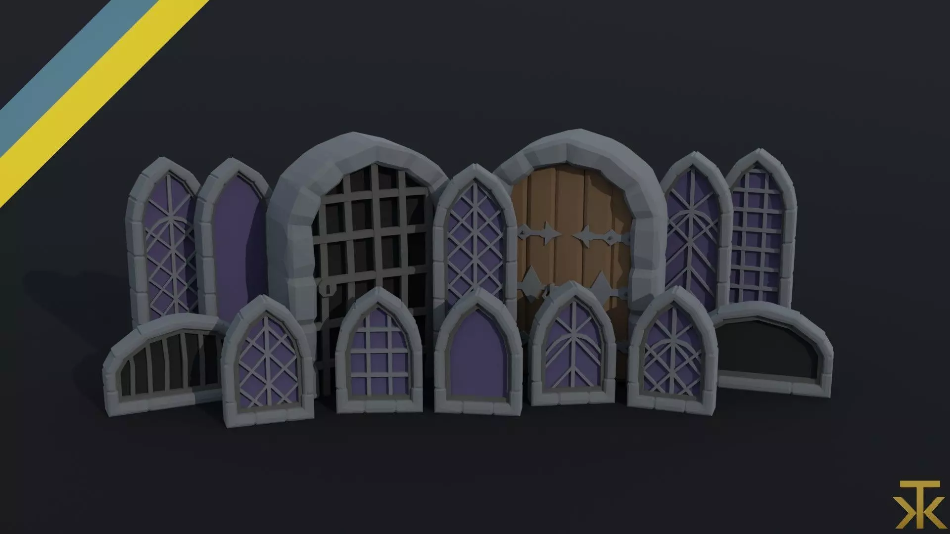 Cartoon medieval doors and windows Polygonal Style Low-poly 3D model_0