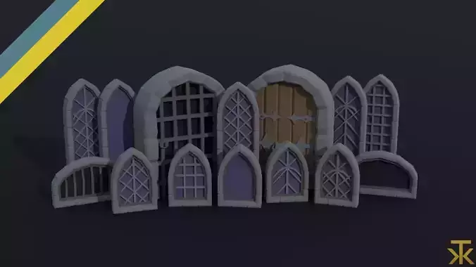 Cartoon medieval doors and windows Polygonal Style Low-poly 3D model