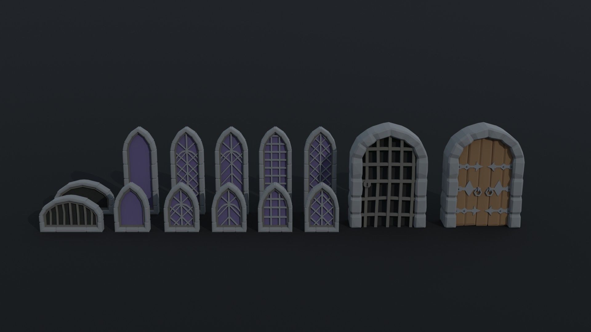 Cartoon medieval doors and windows Polygonal Style Low-poly 3D model_1