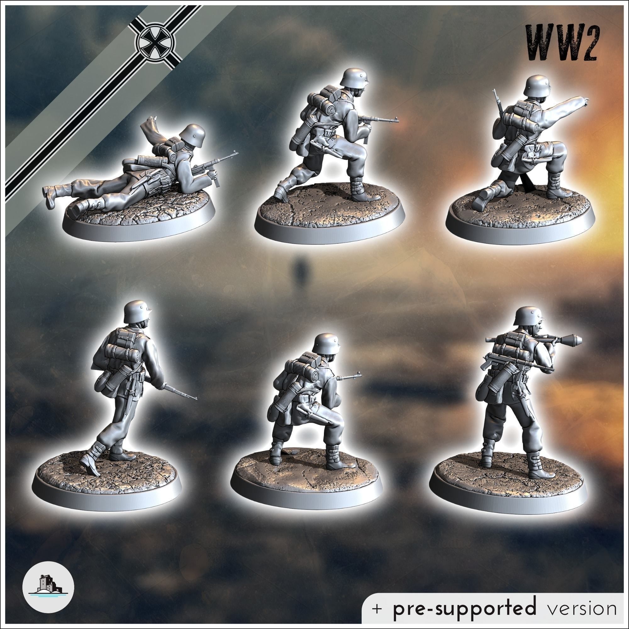 Set of six German WW2 infantry troops with MP40 Panzerfaust an 3D print model_2