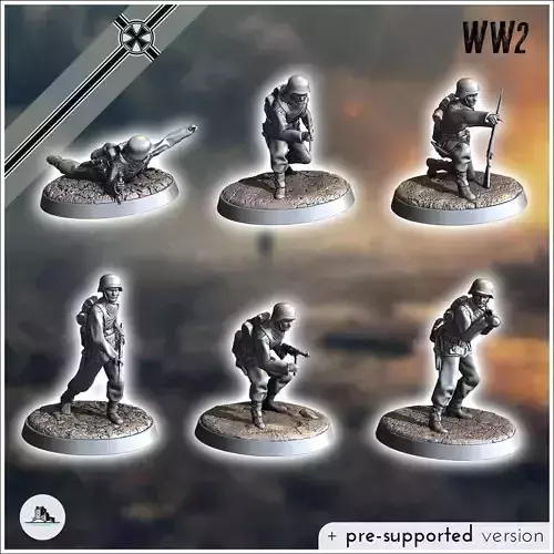 Set of six German WW2 infantry troops with MP40 Panzerfaust an 3D print model