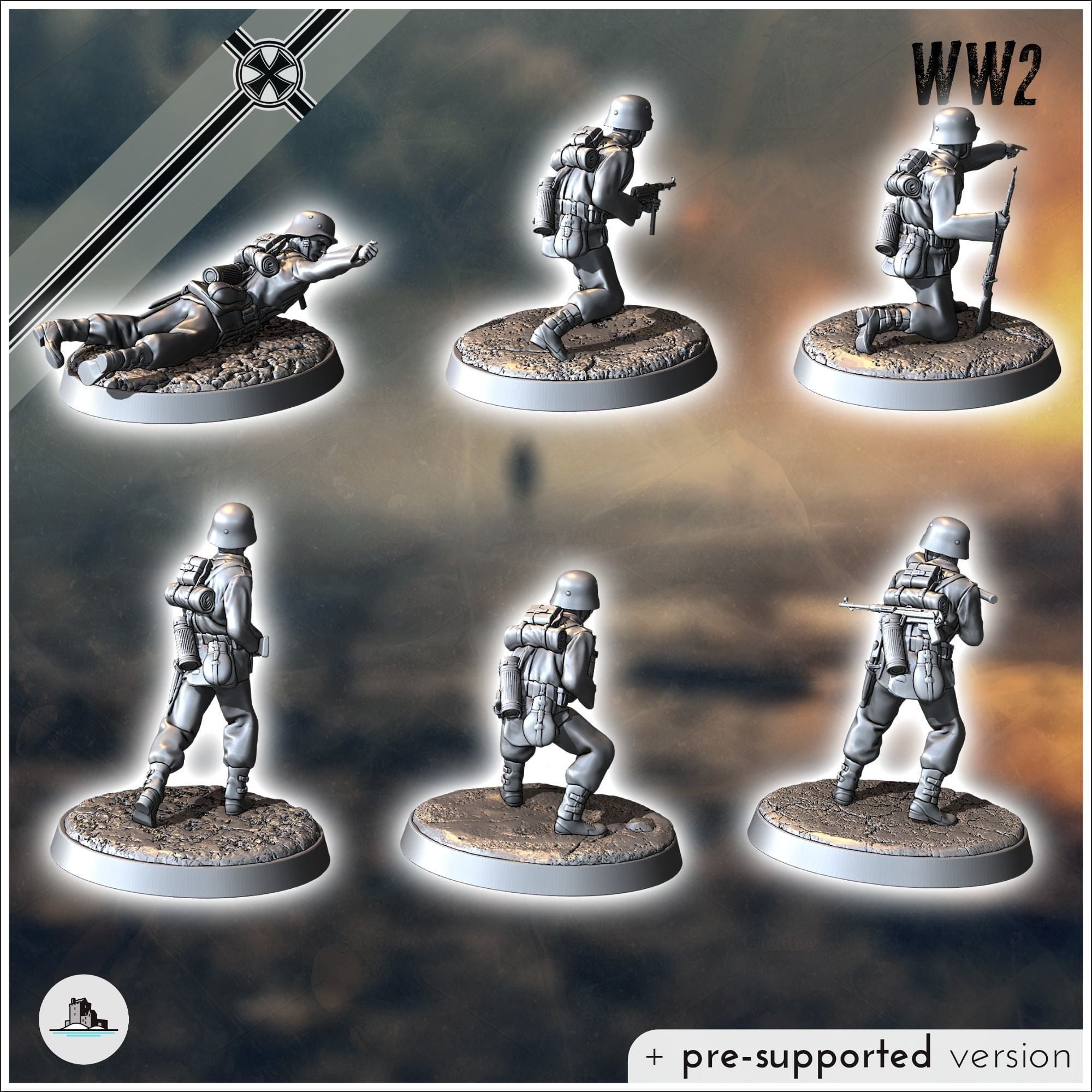 Set of six German WW2 infantry troops with MP40 Panzerfaust an 3D print model_3