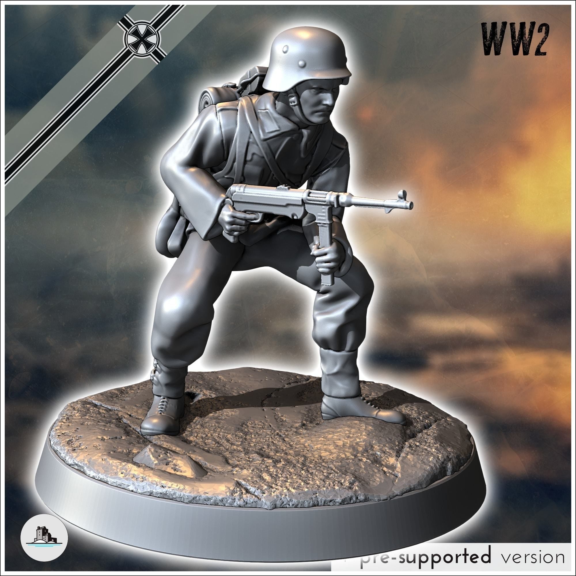 Set of six German WW2 infantry troops with MP40 Panzerfaust an 3D print model_1