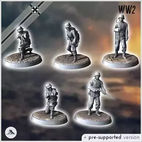 Set of five German WW2 infantry troops with MP40 Panzerfaust a 3D print model