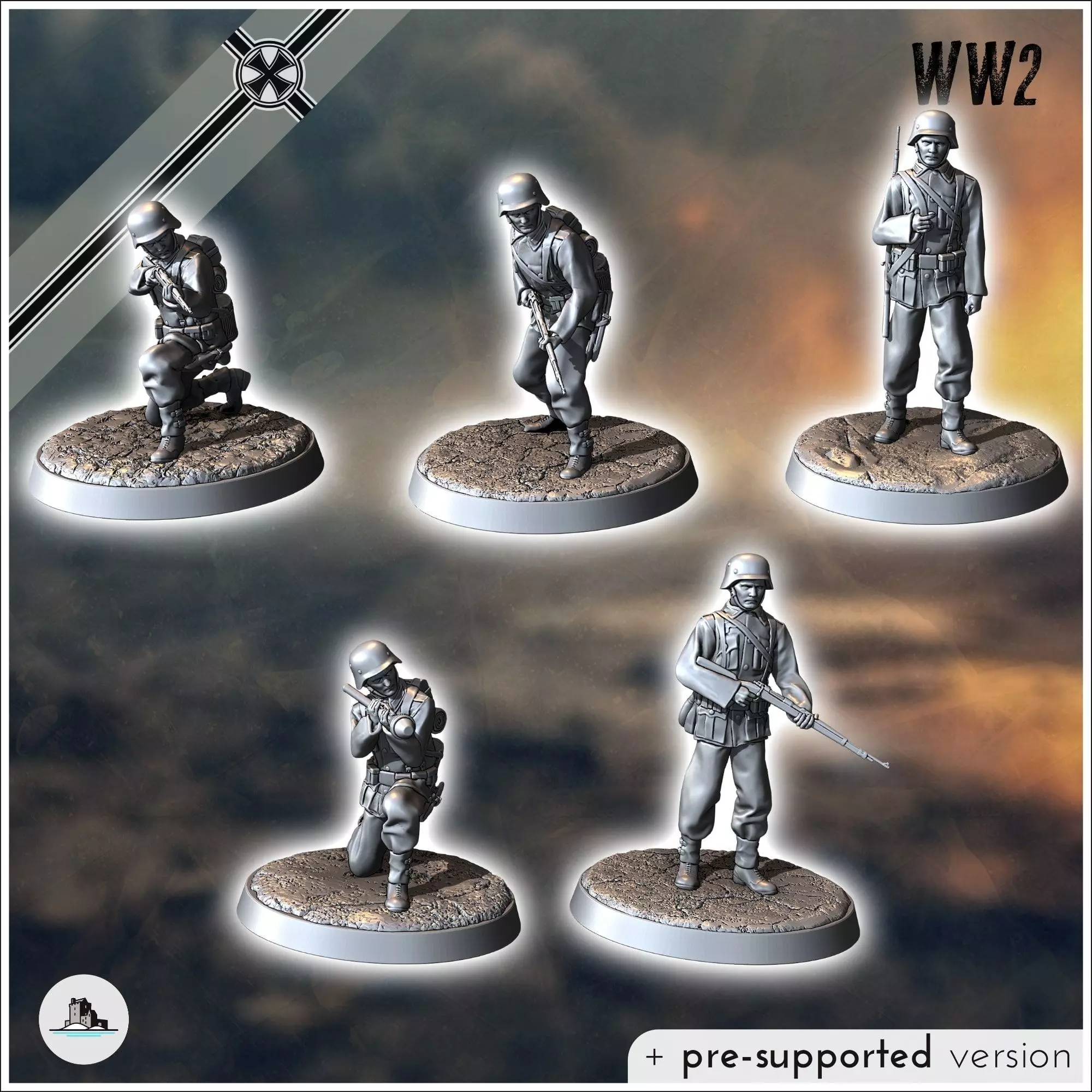 Set of five German WW2 infantry troops with MP40 Panzerfaust a 3D print model_0