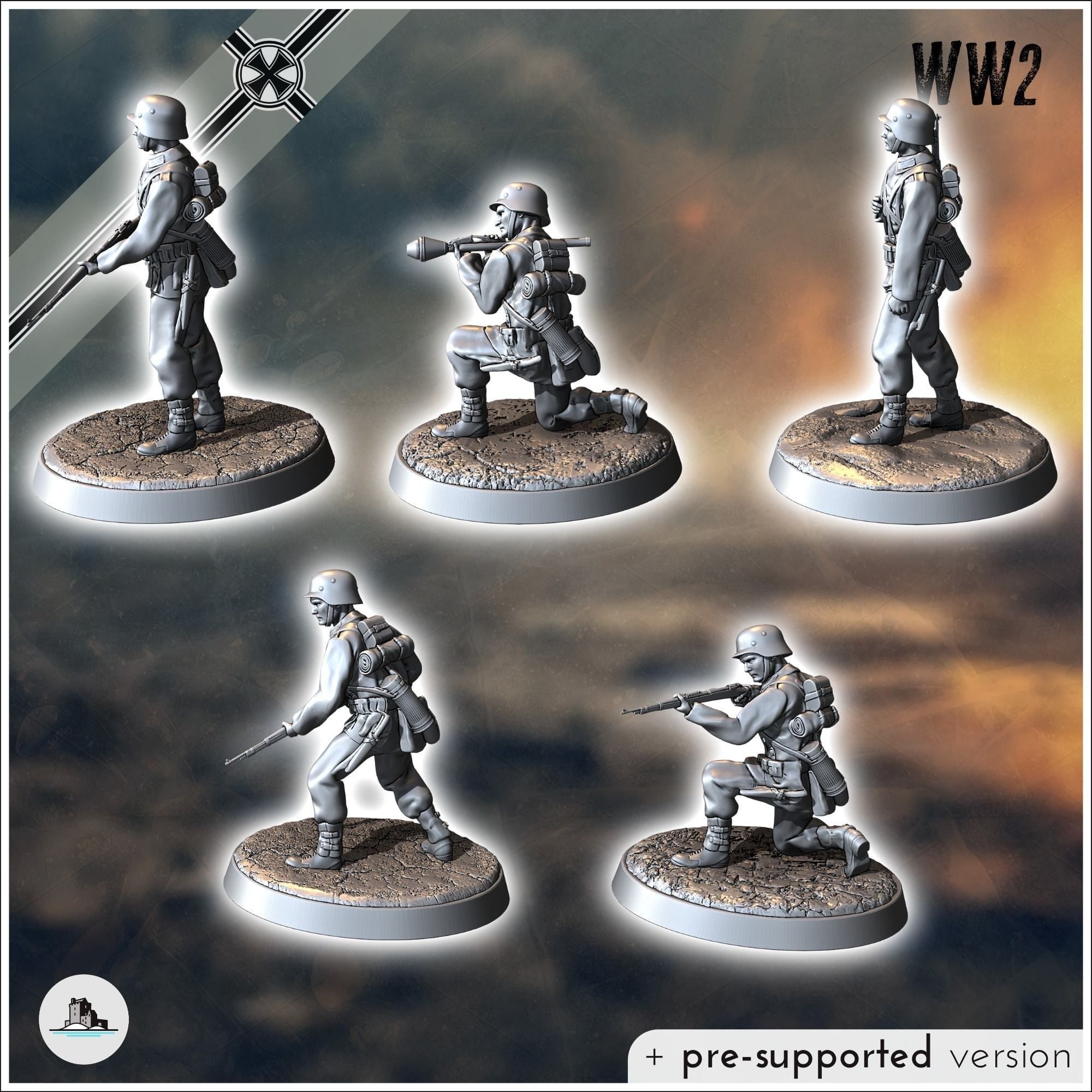 Set of five German WW2 infantry troops with MP40 Panzerfaust a 3D print model_4