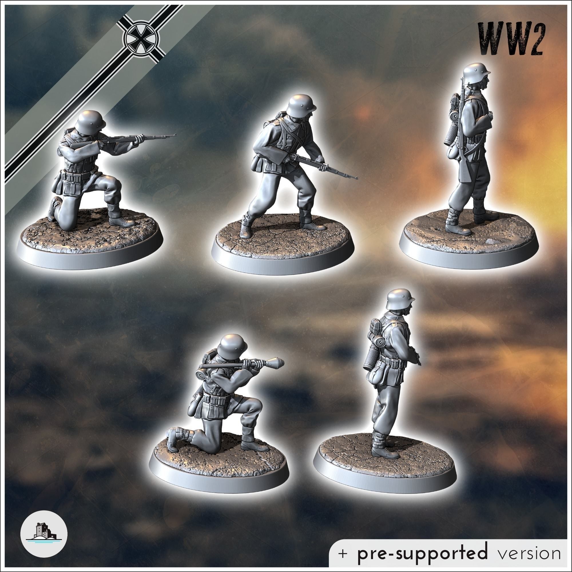 Set of five German WW2 infantry troops with MP40 Panzerfaust a 3D print model_3