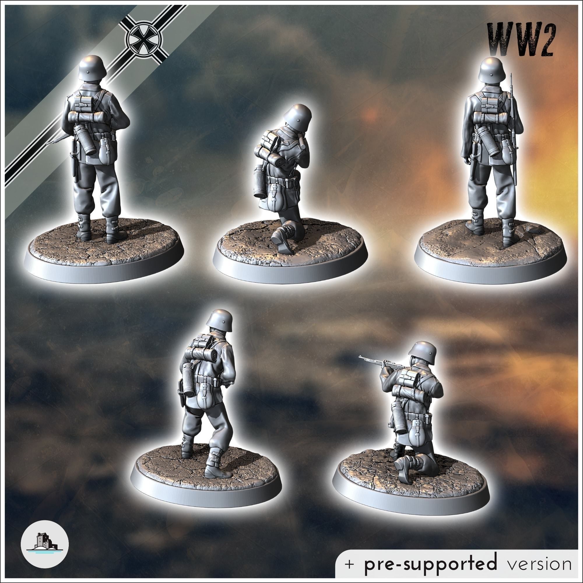 Set of five German WW2 infantry troops with MP40 Panzerfaust a 3D print model_2