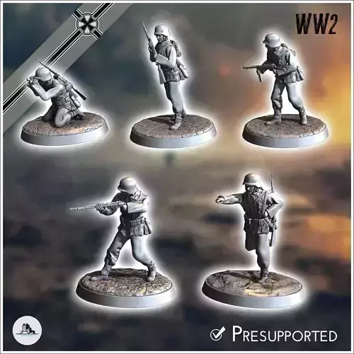 Set of five German WW2 infantry troops with MP40 and K98k 4 3D print model