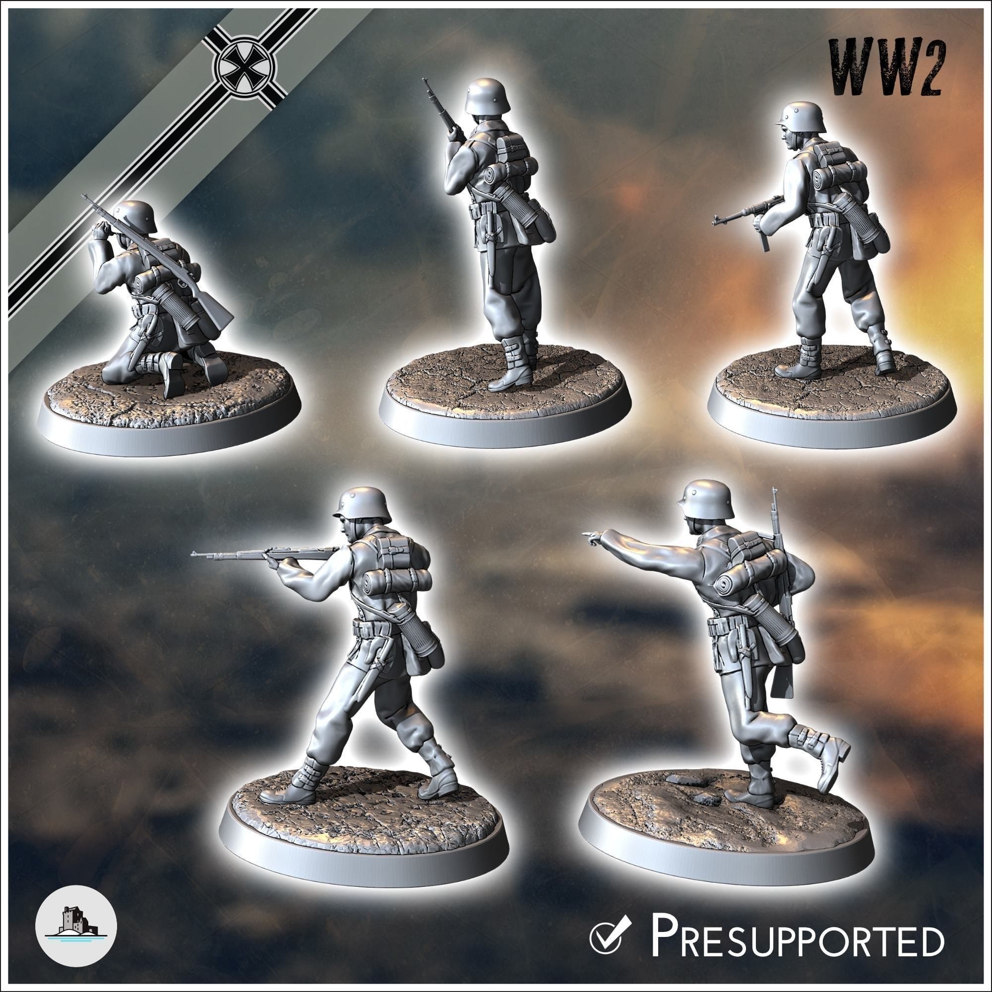 Set of five German WW2 infantry troops with MP40 and K98k 4 3D print model_1