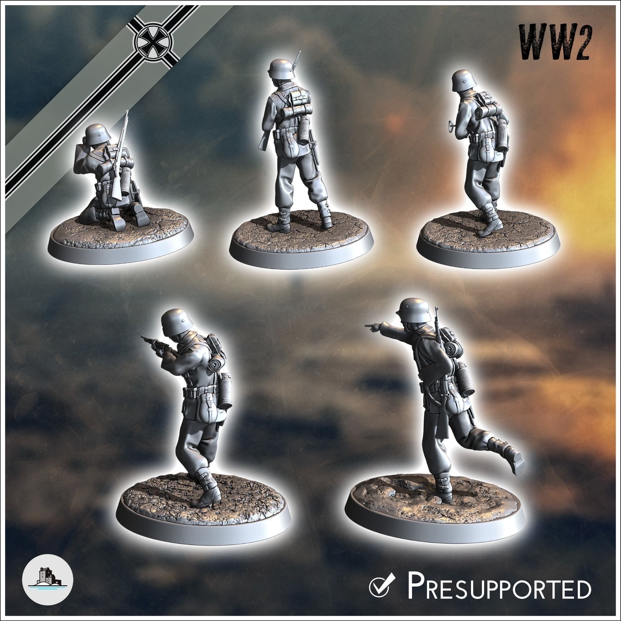 Set of five German WW2 infantry troops with MP40 and K98k 4 3D print model_2
