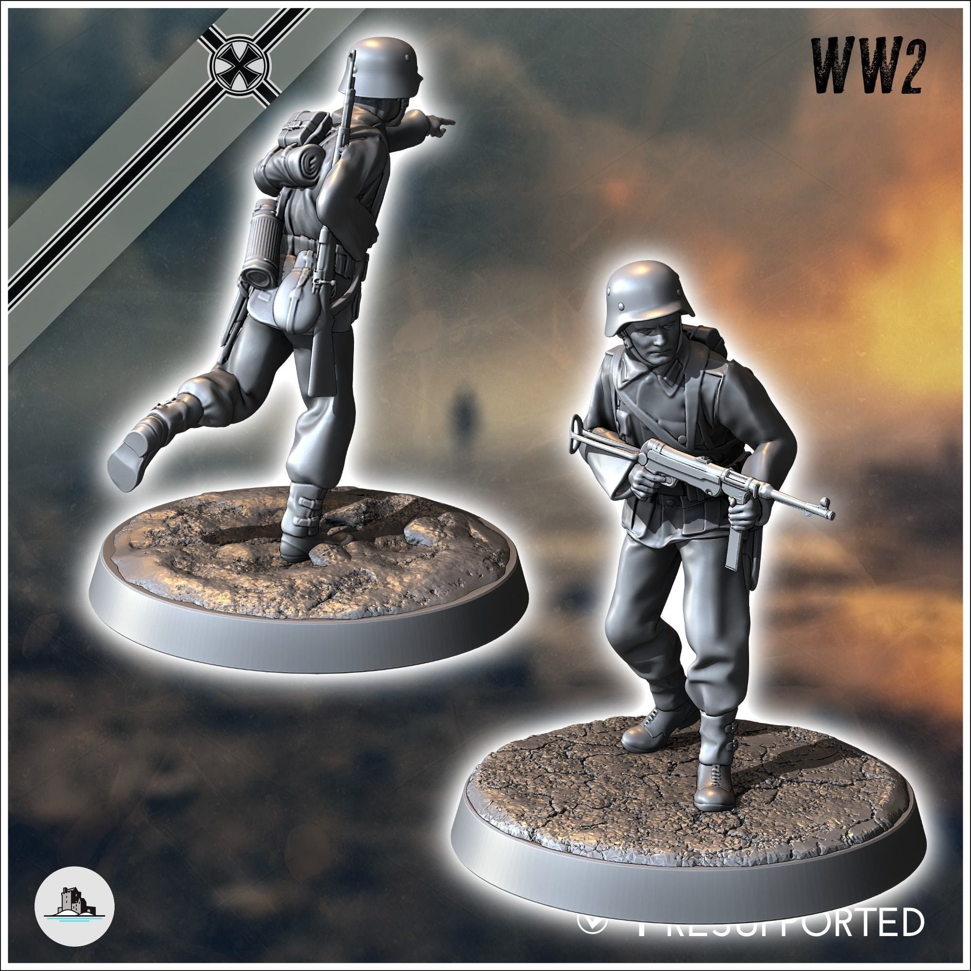 Set of five German WW2 infantry troops with MP40 and K98k 4 3D print model_5