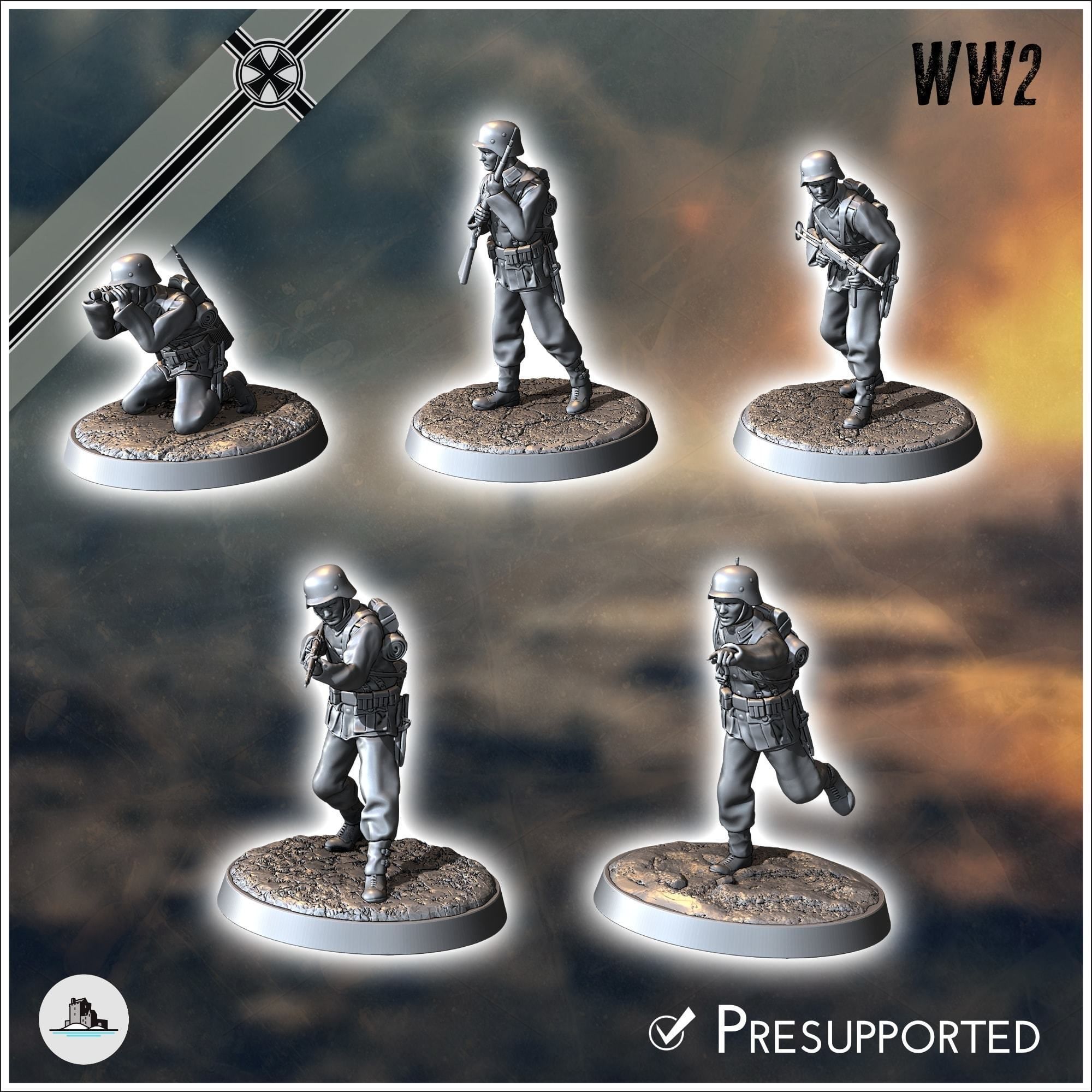 Set of five German WW2 infantry troops with MP40 and K98k 4 3D print model_3