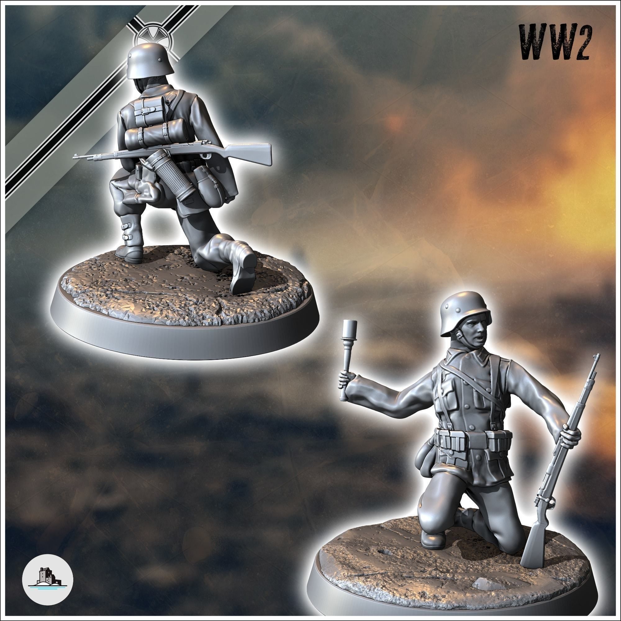 Set of five German WW2 infantry troops with MP40 and K98k 3 3D print model_5