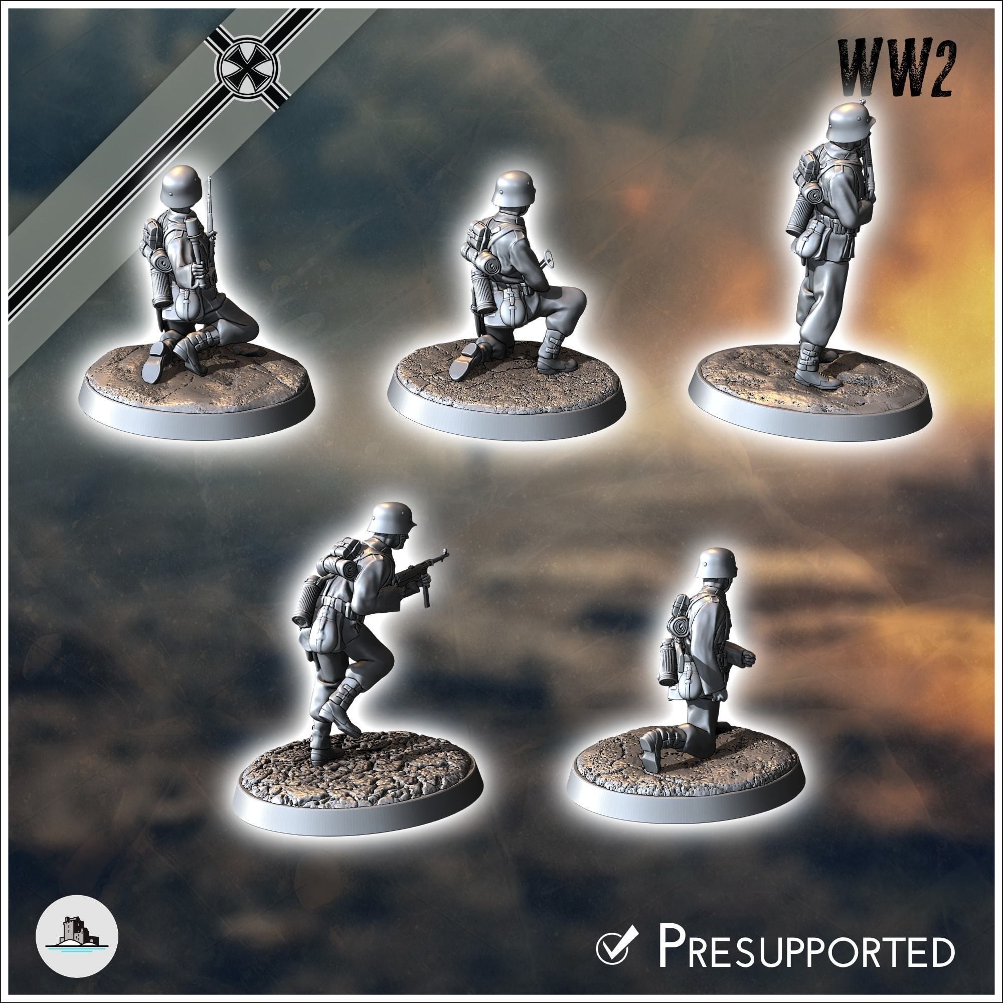 Set of five German WW2 infantry troops with MP40 and K98k 3 3D print model_3