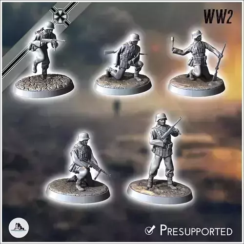 Set of five German WW2 infantry troops with MP40 and K98k 3 3D print model