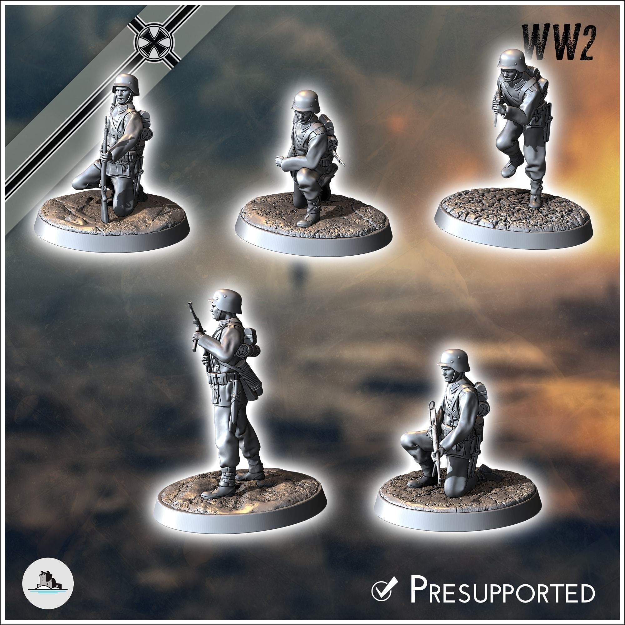 Set of five German WW2 infantry troops with MP40 and K98k 3 3D print model_2