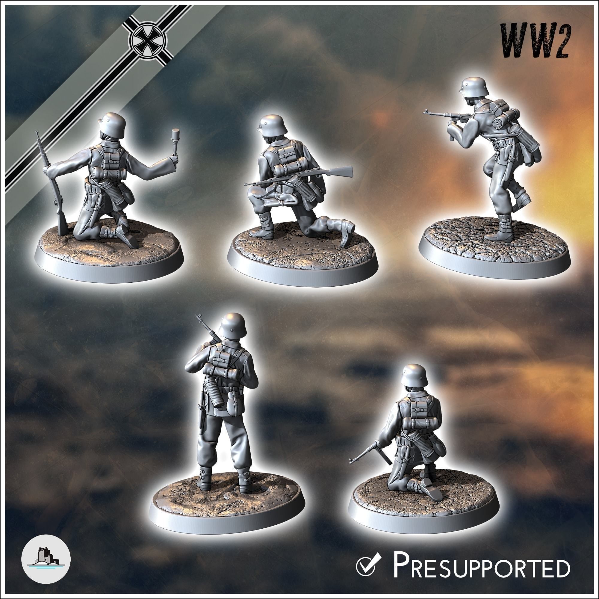 Set of five German WW2 infantry troops with MP40 and K98k 3 3D print model_1