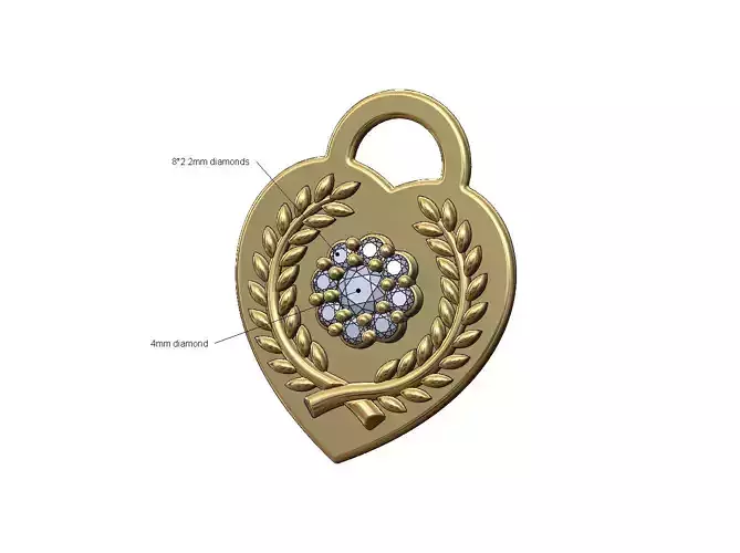 Diamond cluster bay leaves branches crown heart pendant charm