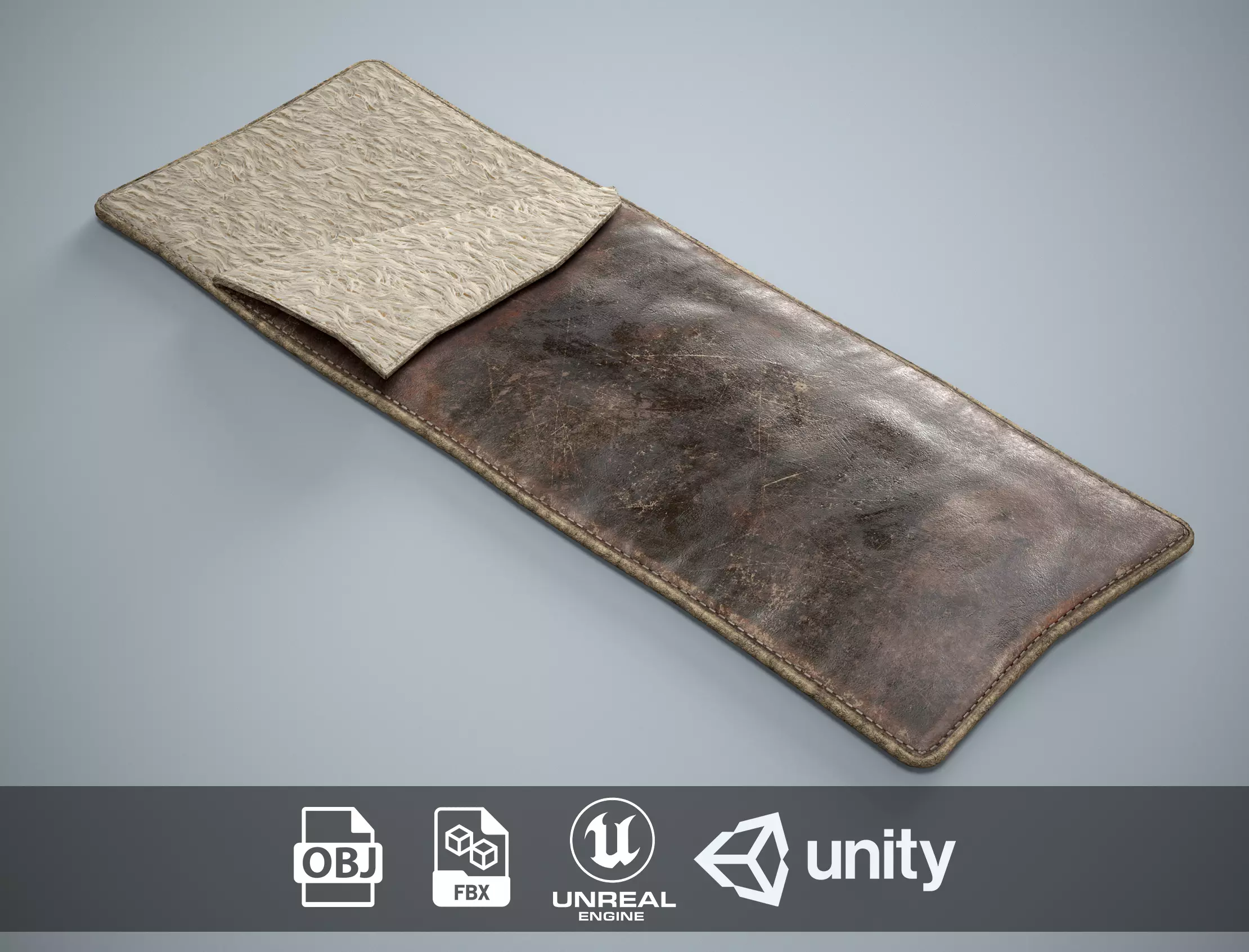 Medieval Sleeping Bag - Leather and Fur Low-poly 3D model_0