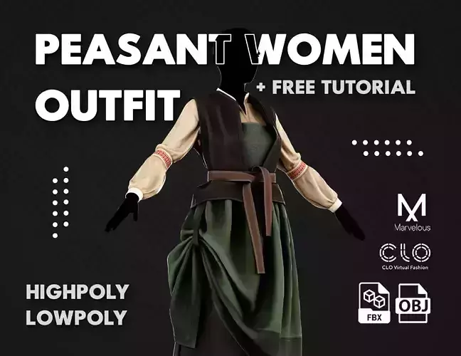 Low Poly Peasant Women Outfit with Free Tutorial Low-poly 3D model