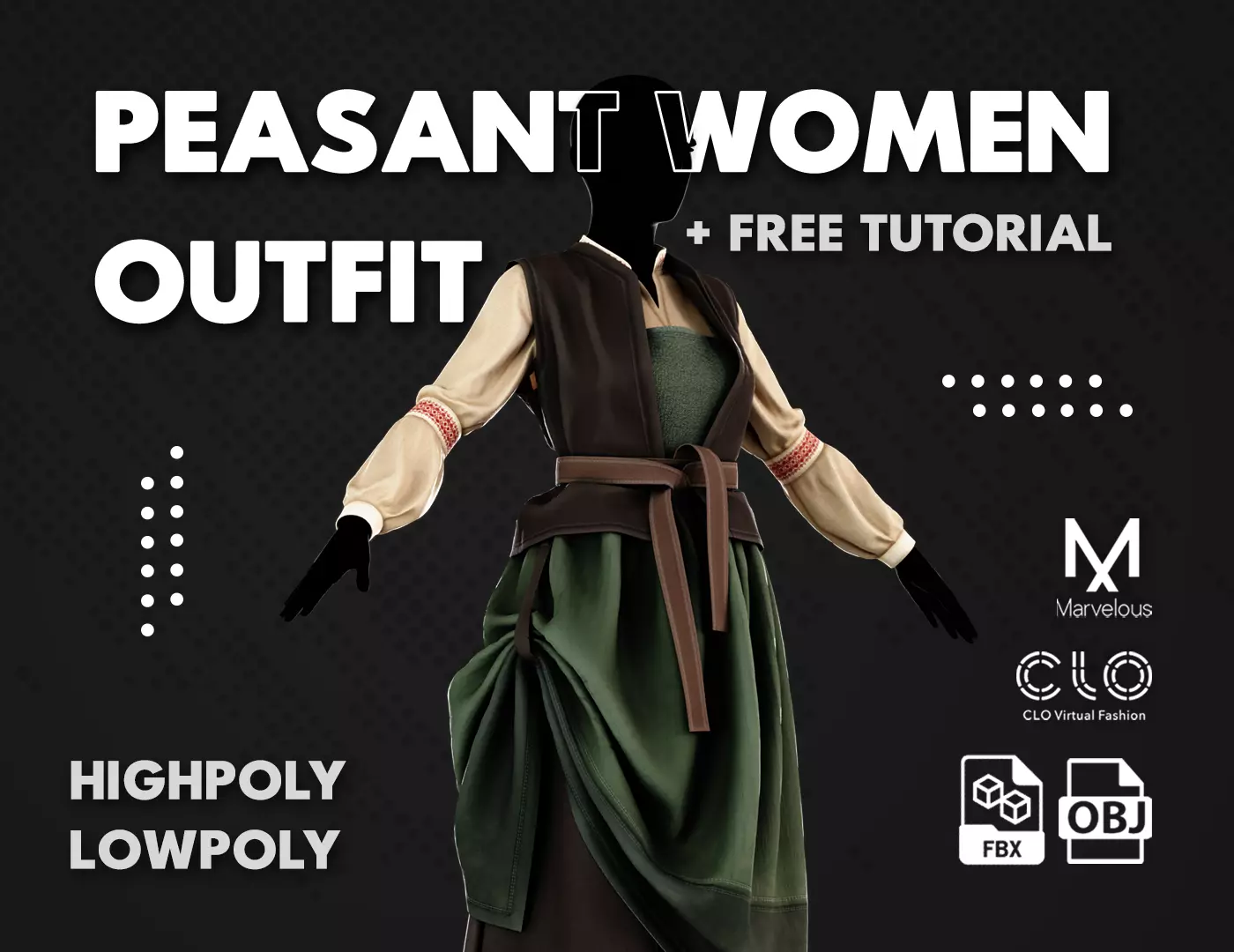 Low Poly Peasant Women Outfit with Free Tutorial Low-poly 3D model_0