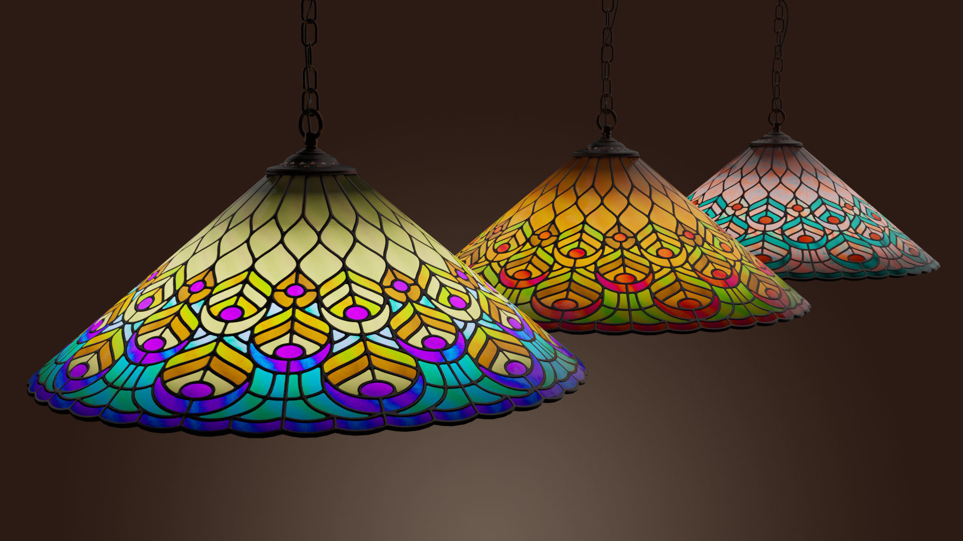 Stained glass ceiling pendant lamp with peacock pattern Low-poly 3D model_3