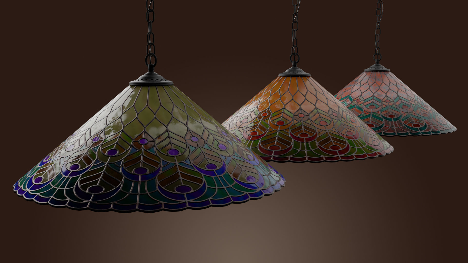 Stained glass ceiling pendant lamp with peacock pattern Low-poly 3D model_4