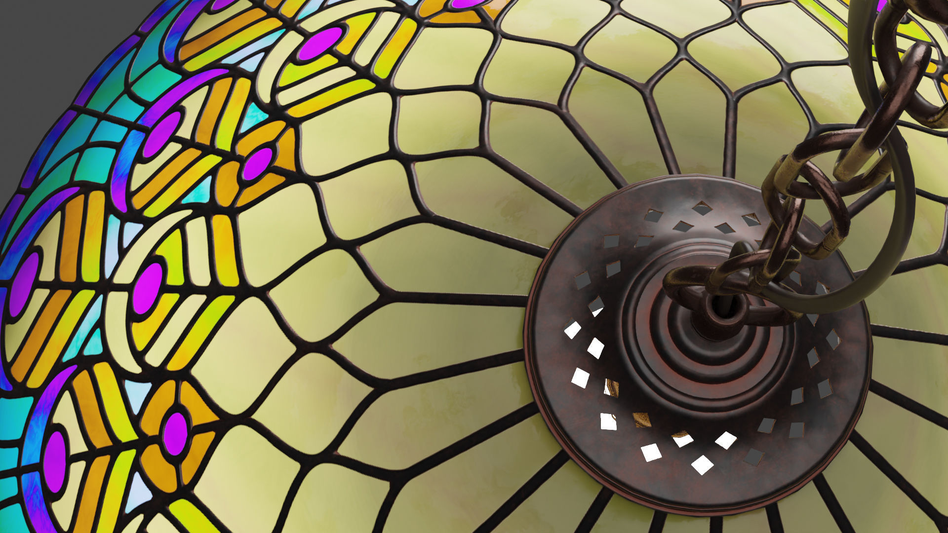 Stained glass ceiling pendant lamp with peacock pattern Low-poly 3D model_10