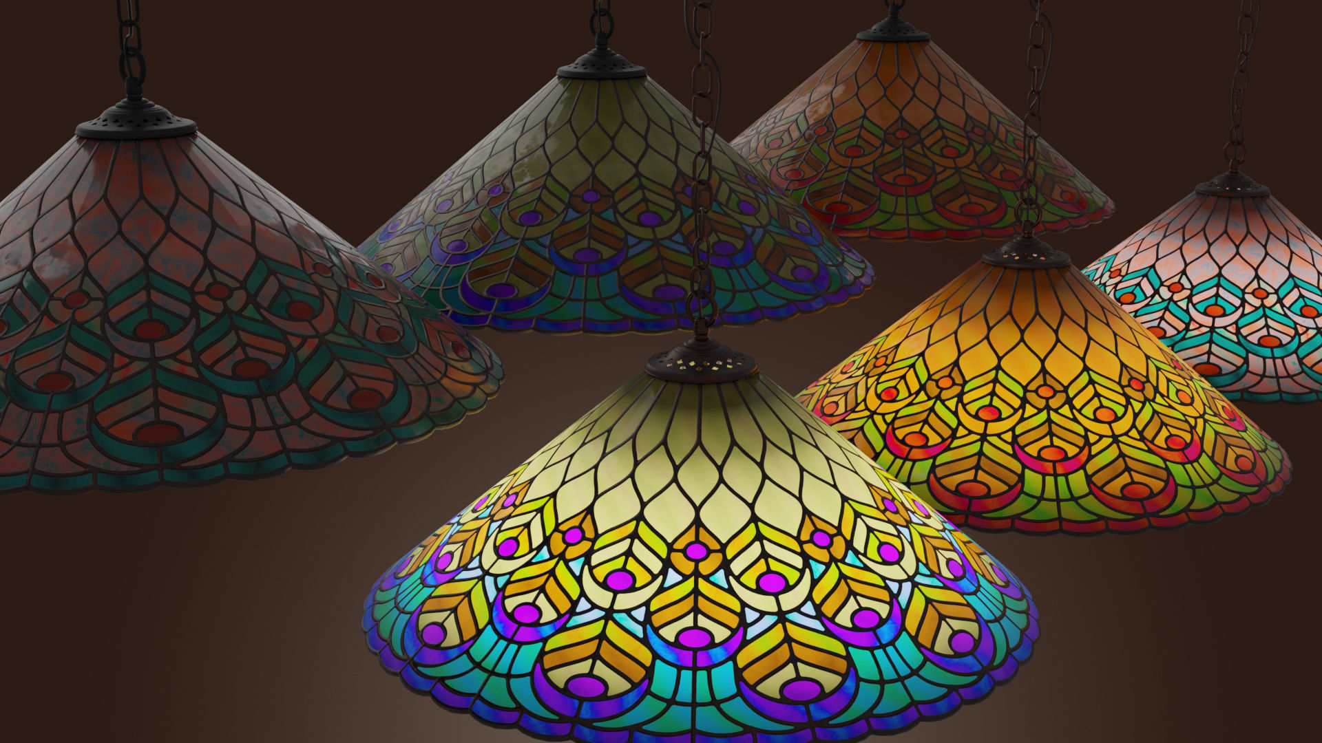 Stained glass ceiling pendant lamp with peacock pattern Low-poly 3D model_1