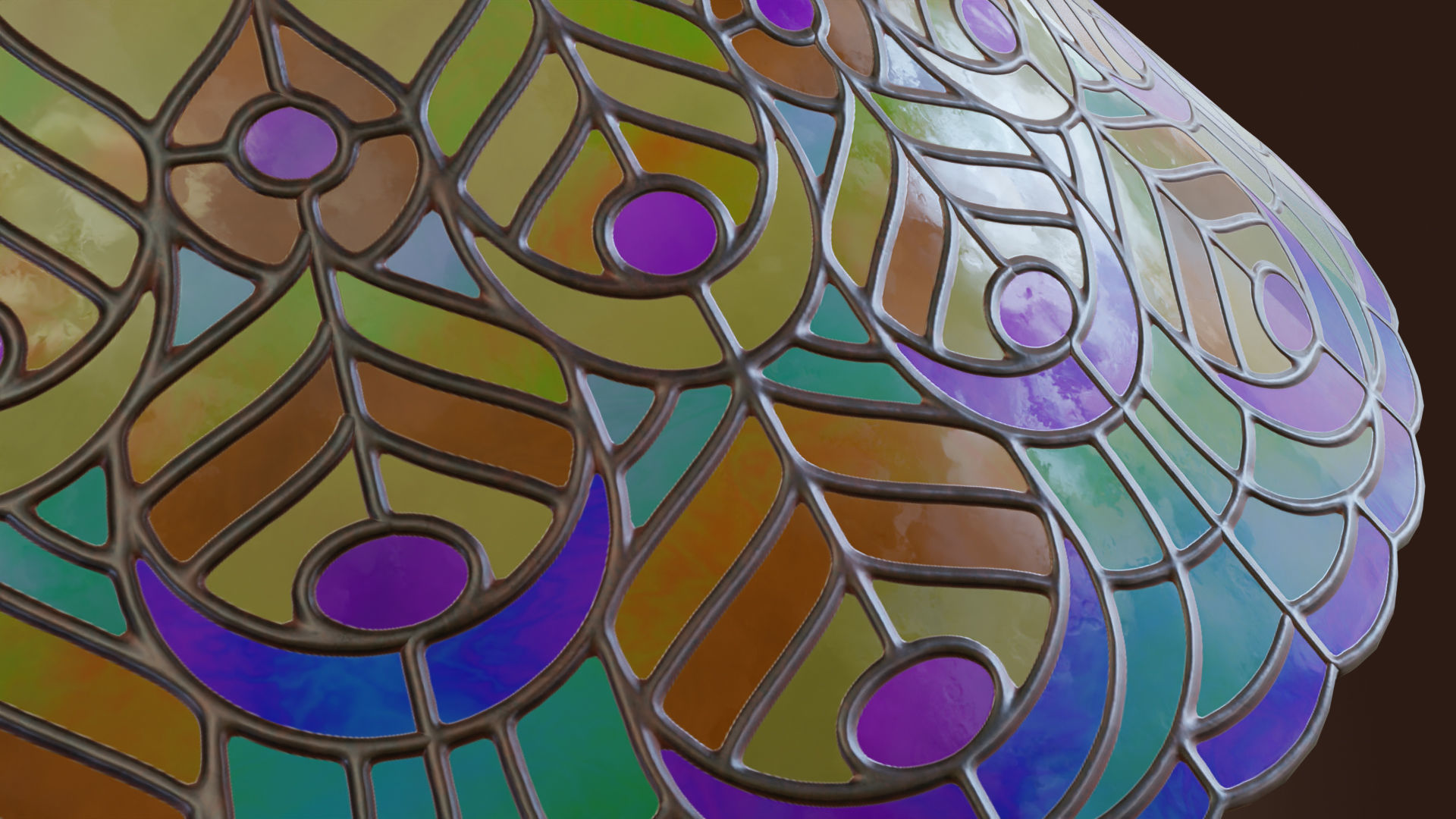 Stained glass ceiling pendant lamp with peacock pattern Low-poly 3D model_13