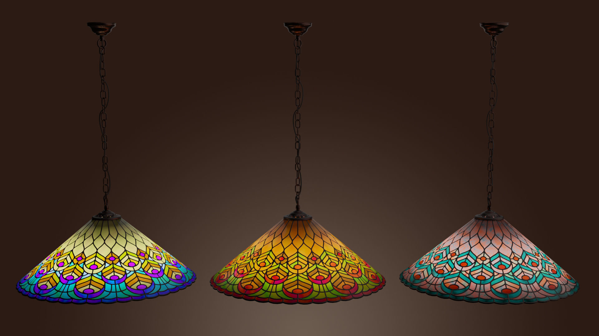 Stained glass ceiling pendant lamp with peacock pattern Low-poly 3D model_2