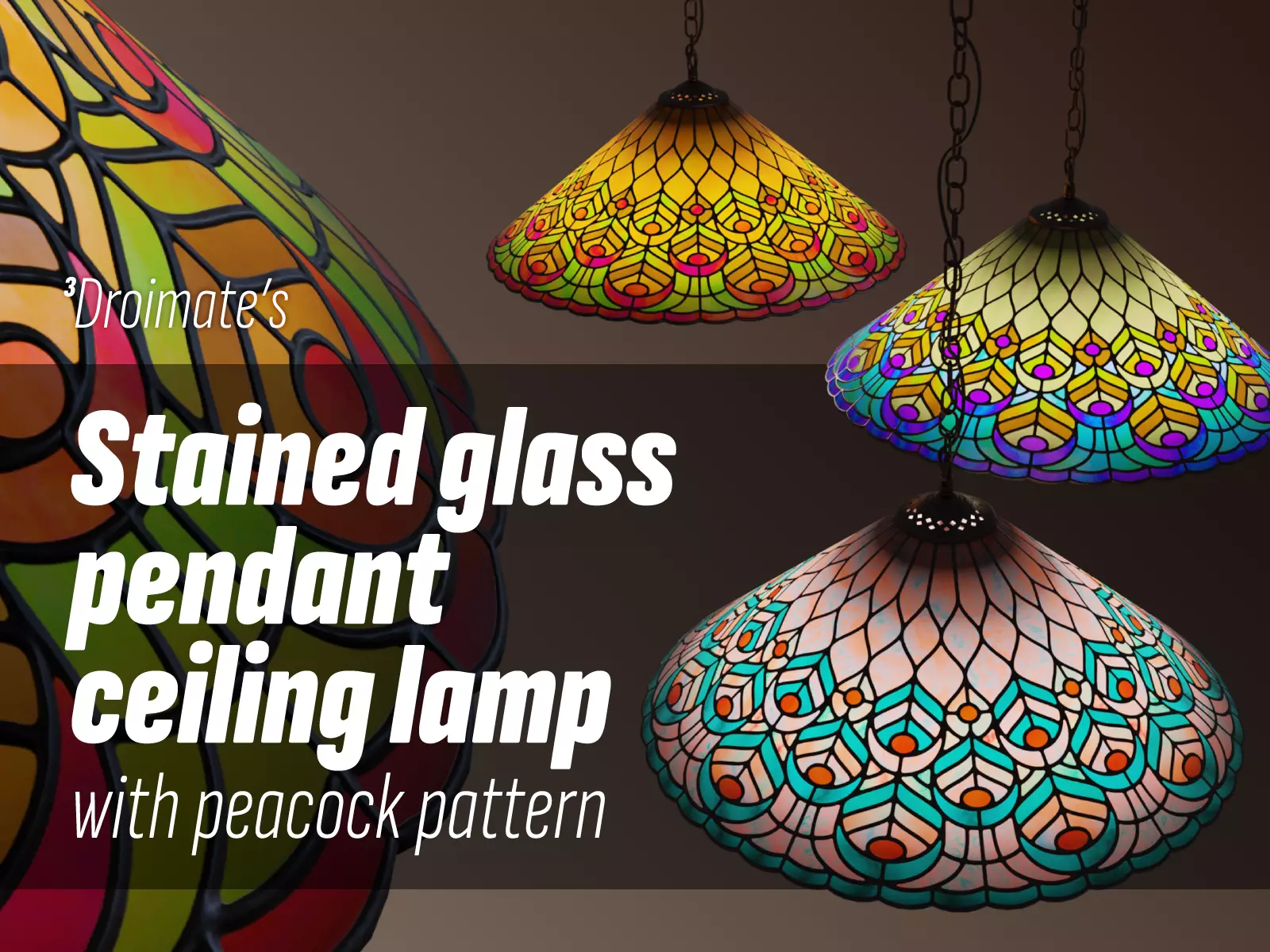 Stained glass ceiling pendant lamp with peacock pattern Low-poly 3D model_0