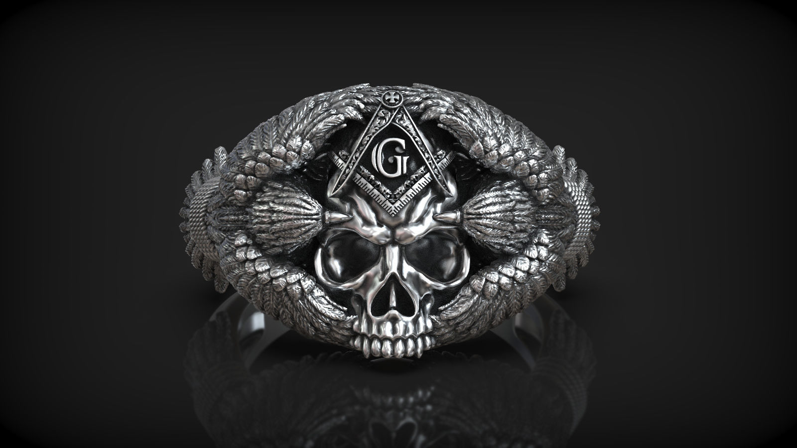 Masonic Symbol Compass Square Skull Head with Crows Ring 3D print model_1