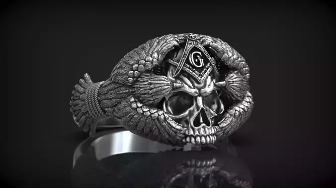 Masonic Symbol Compass Square Skull Head with Crows Ring 3D print model