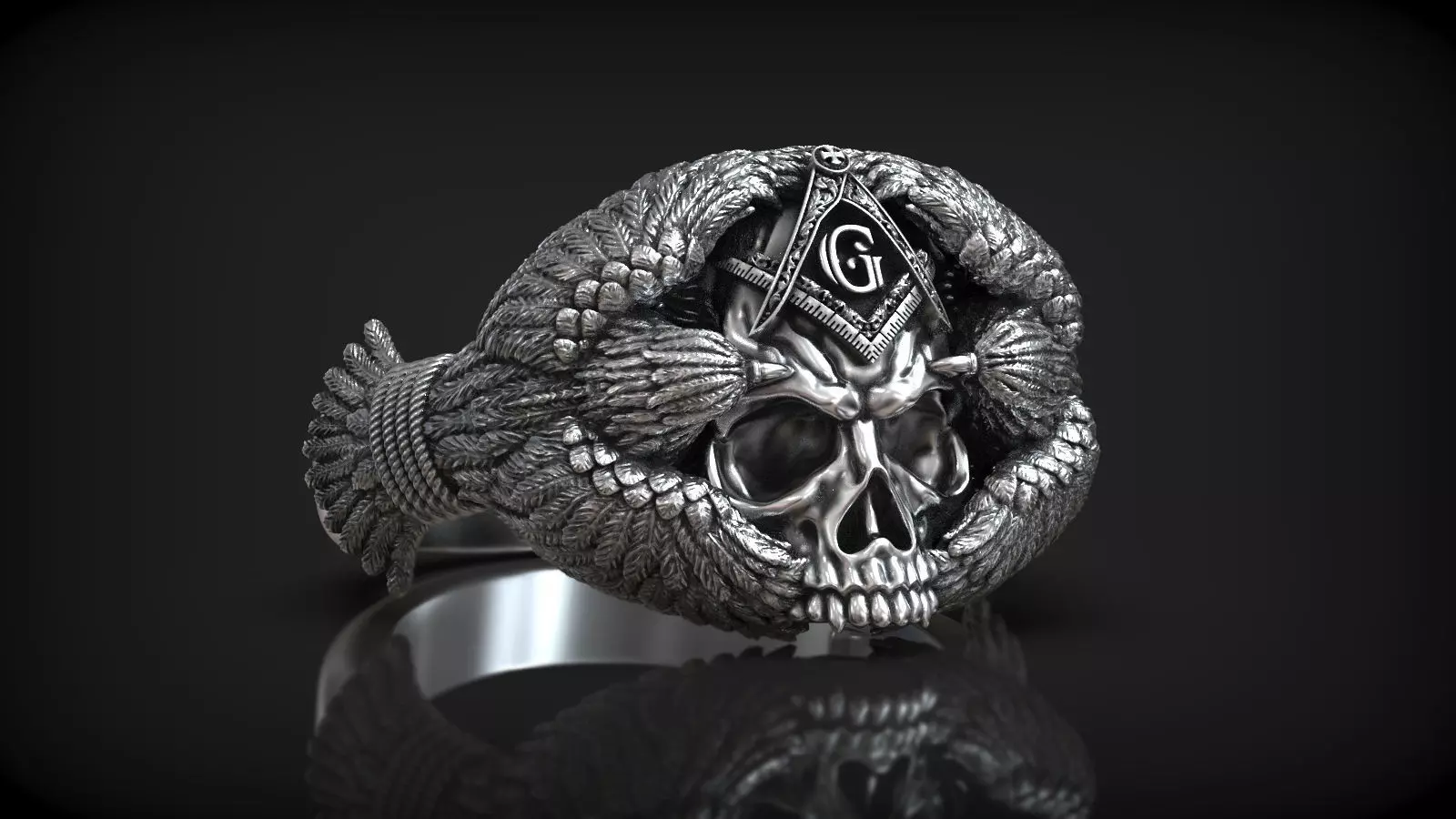 Masonic Symbol Compass Square Skull Head with Crows Ring 3D print model_0