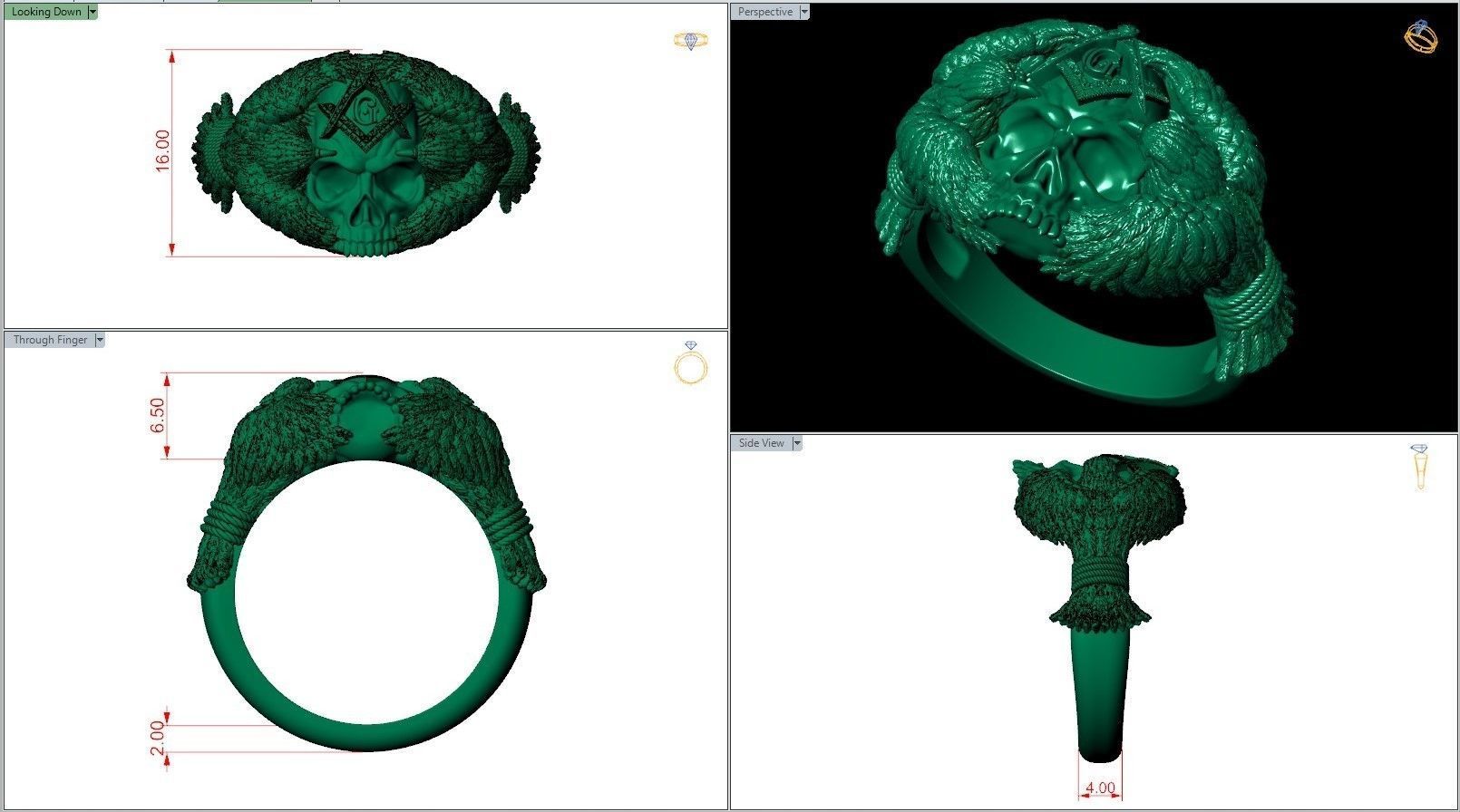 Masonic Symbol Compass Square Skull Head with Crows Ring 3D print model_6