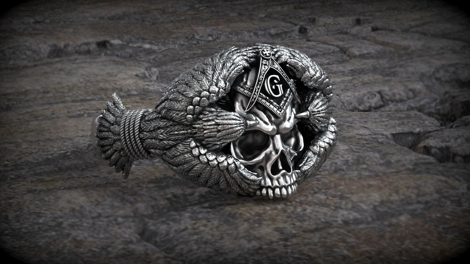 Masonic Symbol Compass Square Skull Head with Crows Ring 3D print model_5