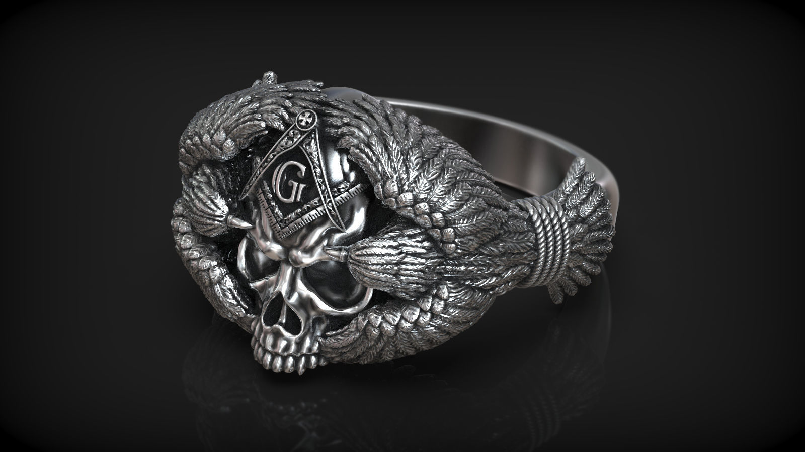 Masonic Symbol Compass Square Skull Head with Crows Ring 3D print model_2