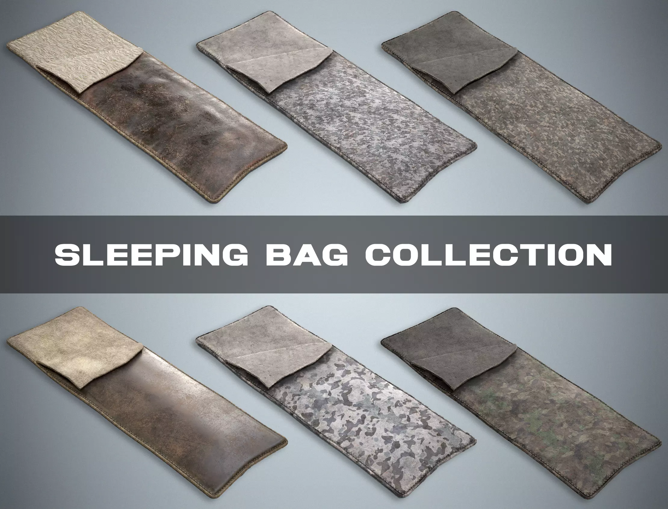 Sleeping Bag Pack - 6 Military and Medieval Bedrolls 3D Model Collection_0
