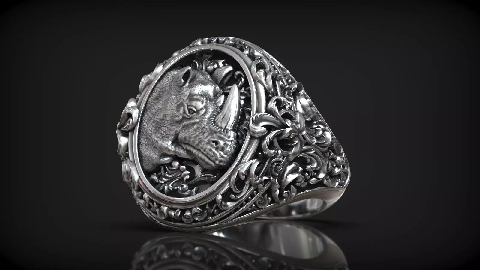 African Rhinoceros Head Rococo Patern Men Signet 3D print model