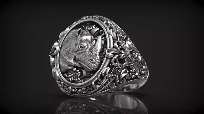 African Rhinoceros Head Rococo Patern Men Signet