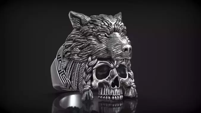 Native American Indian Chief Skull with Wolf Head Ring