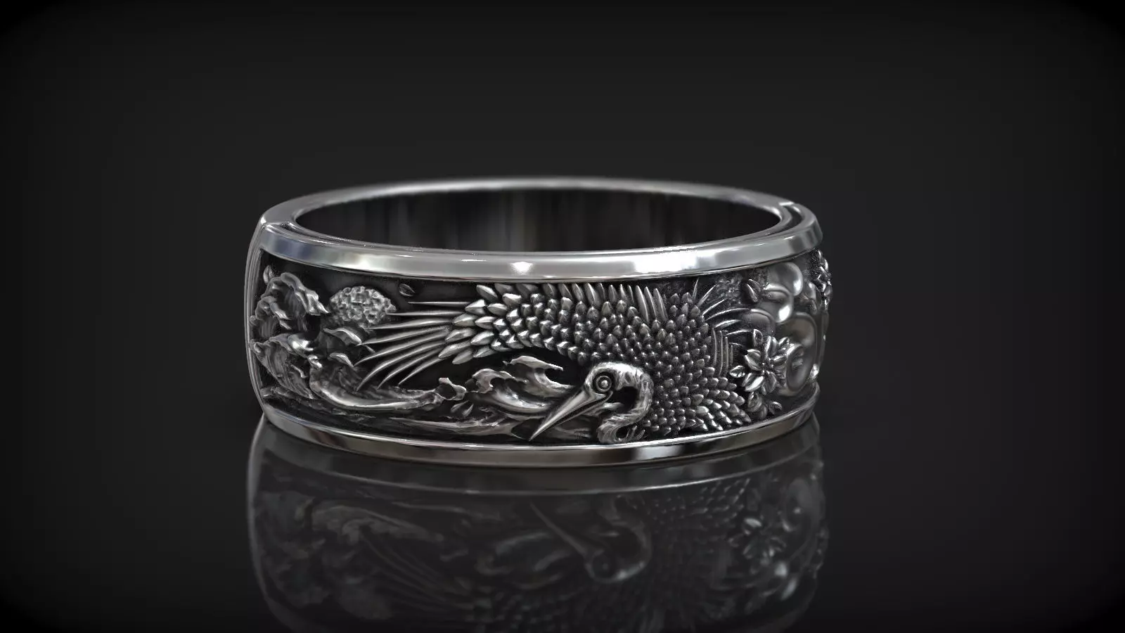 Japanese Stork Bird Sea Wave and Wind Wedding Ring 3D print model