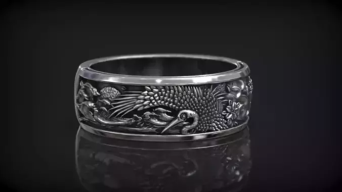 Japanese Stork Bird Sea Wave and Wind Wedding Ring