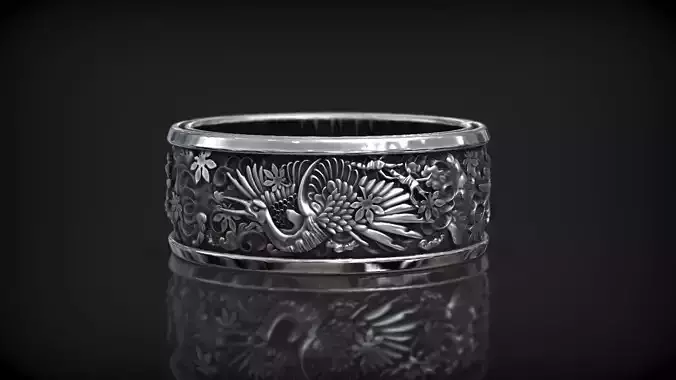 Japanese Traditional Crane Bird Wind Leaves Wedding Band